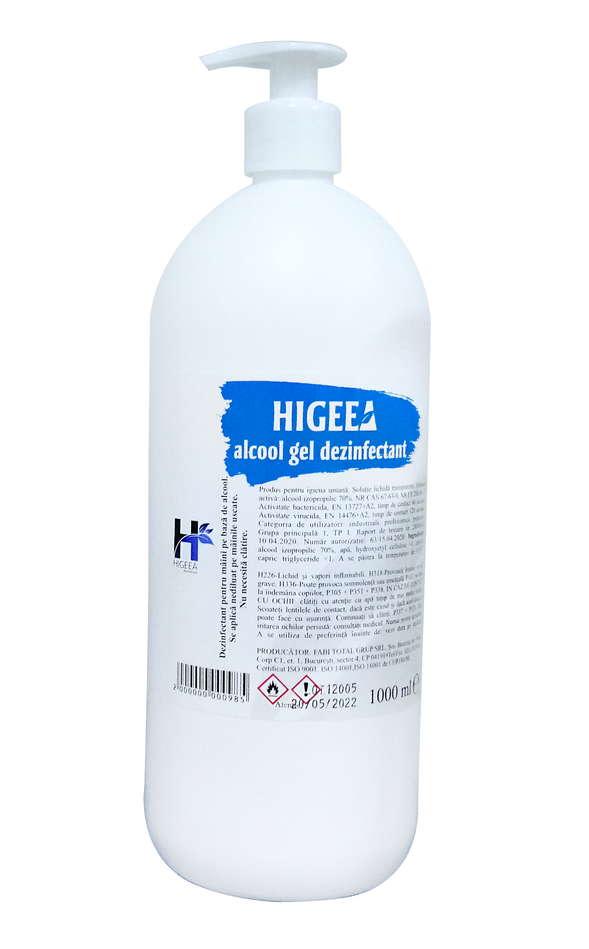 Higeea Alcool gel  dezinfectant virucid pentru maini  cu pompita 1L